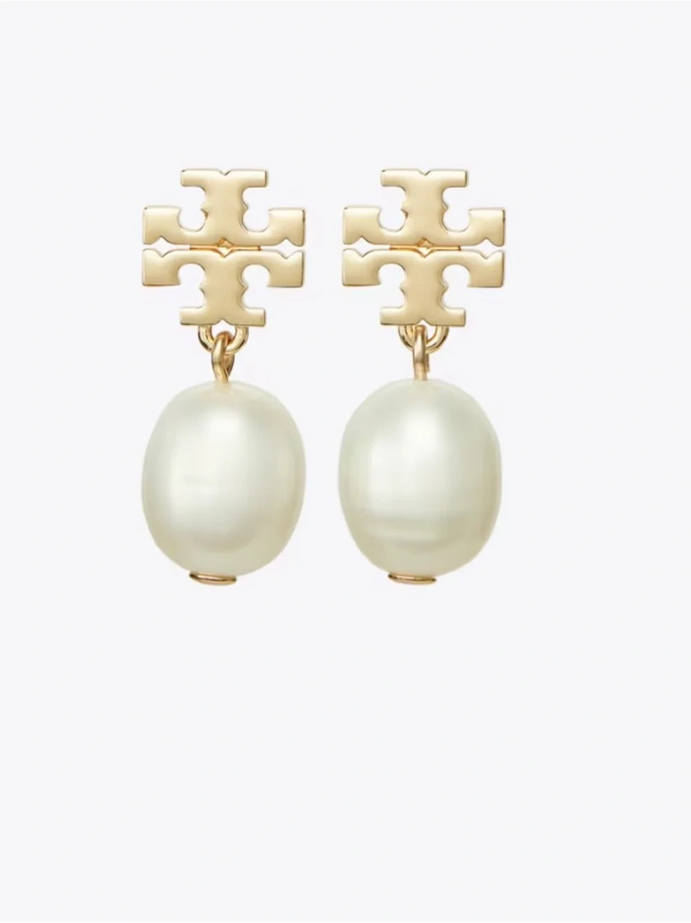 Tory Burch Pearl Drop Logo Stud Earrings - Gold & Ivory